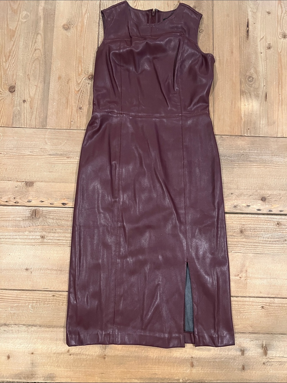 Ann Taylor Sleeveless Faux Leather Midi Dress in Deep Wine